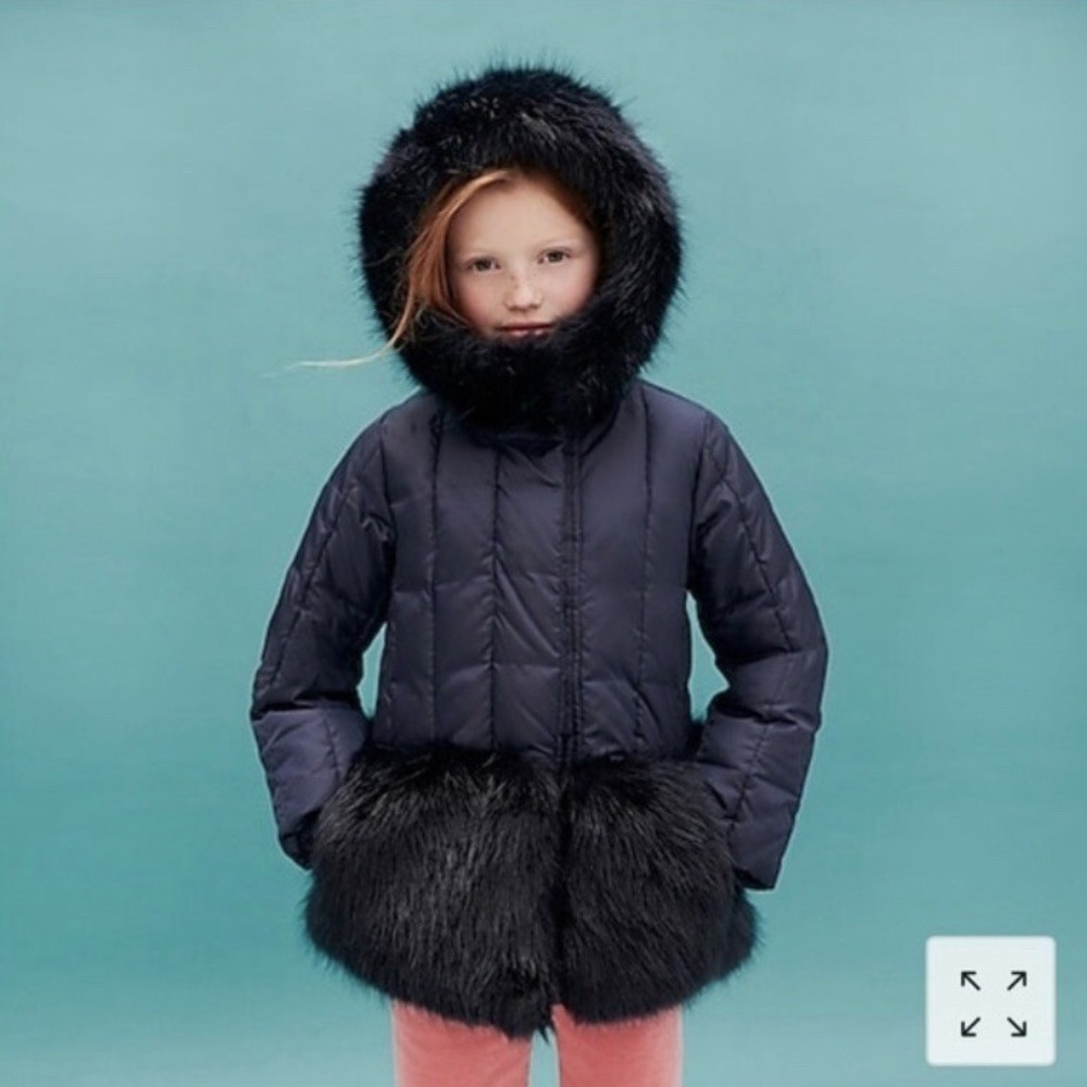 Crewcuts Quilted Jacket Faux Fur trim Hooded coat navy blue